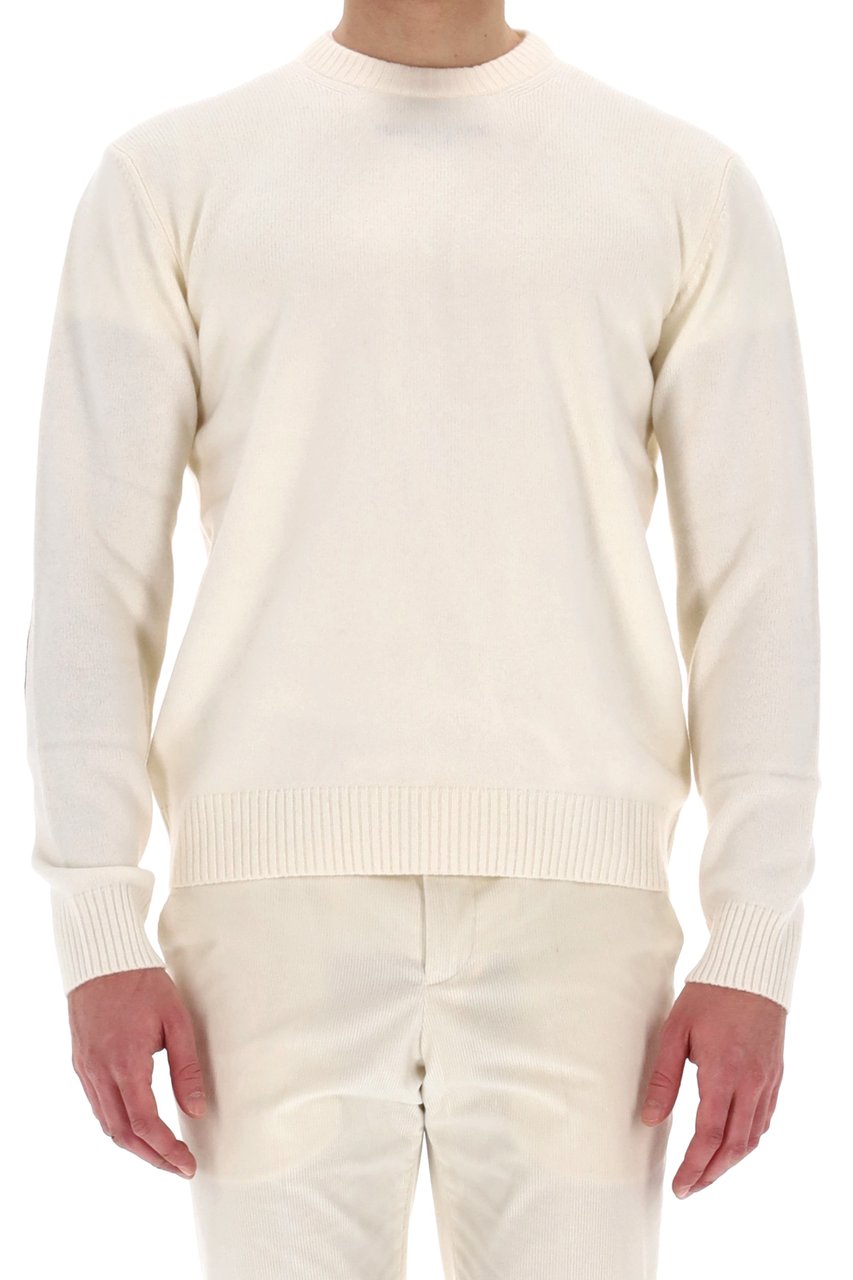 Herno Wool-Cashmere Crewneck Sweater with Suede Patches Neutraal