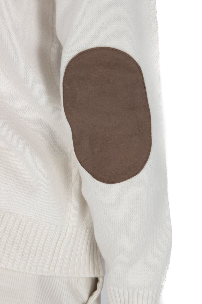 Herno Wool-Cashmere Crewneck Sweater with Suede Patches Neutraal