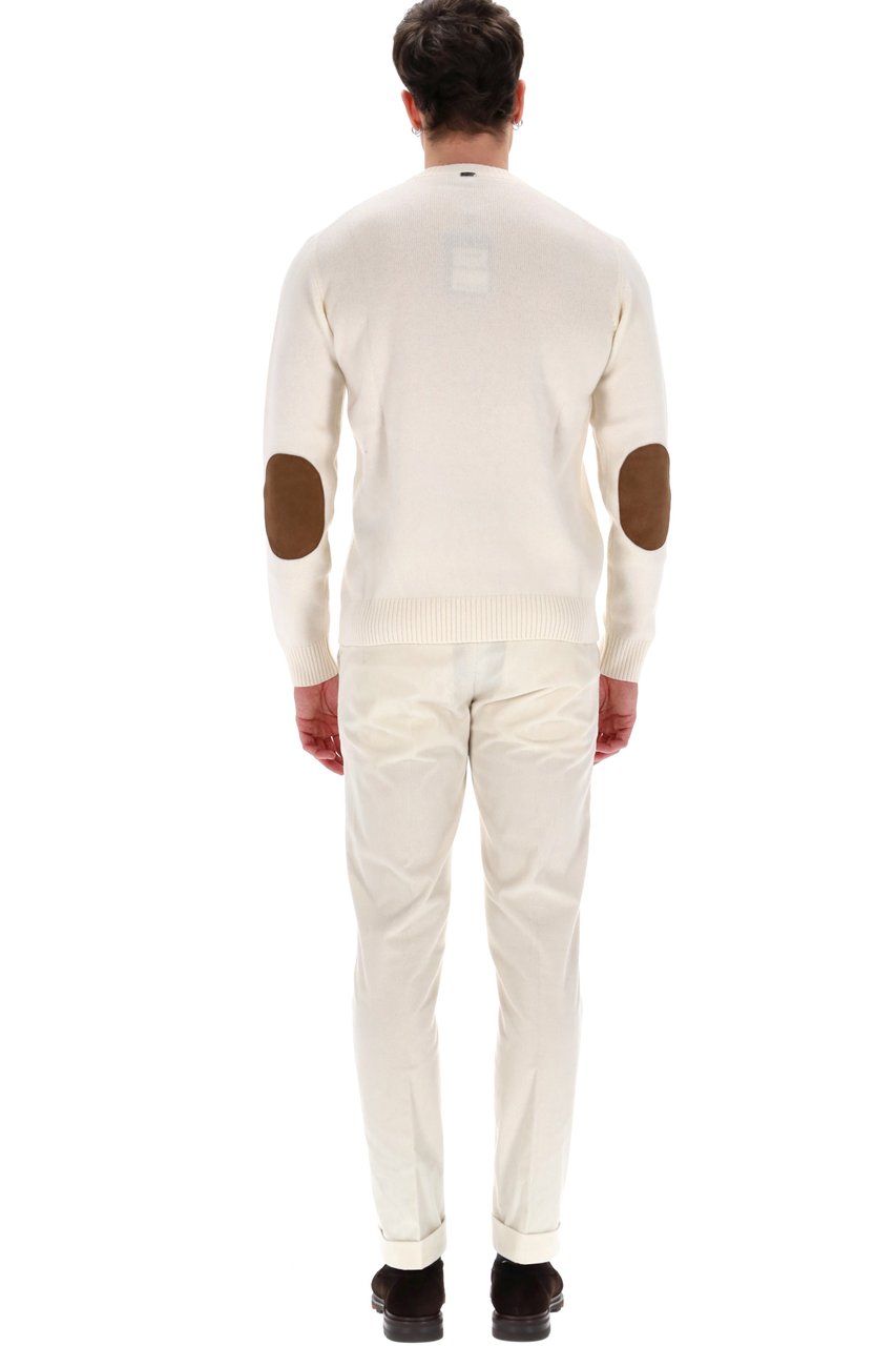 Herno Wool-Cashmere Crewneck Sweater with Suede Patches Neutraal