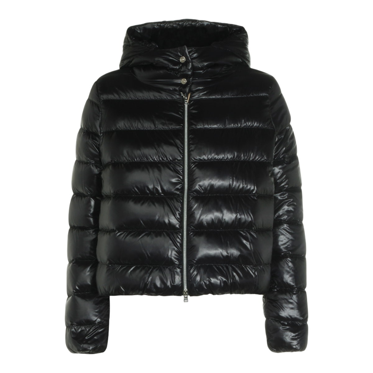 Herno Shiny Black Puffer Jacket With High Collar And Cropped Length Zwart