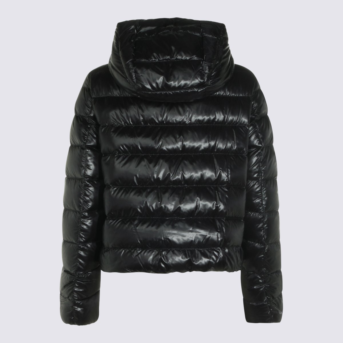 Herno Shiny Black Puffer Jacket With High Collar And Cropped Length Zwart