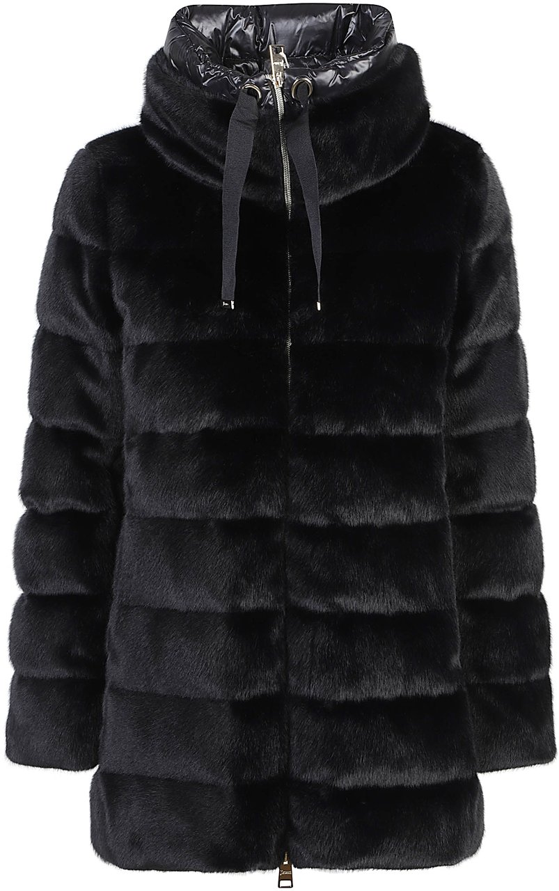 Herno A-shape Faux Fur Down Jacket Black Zwart