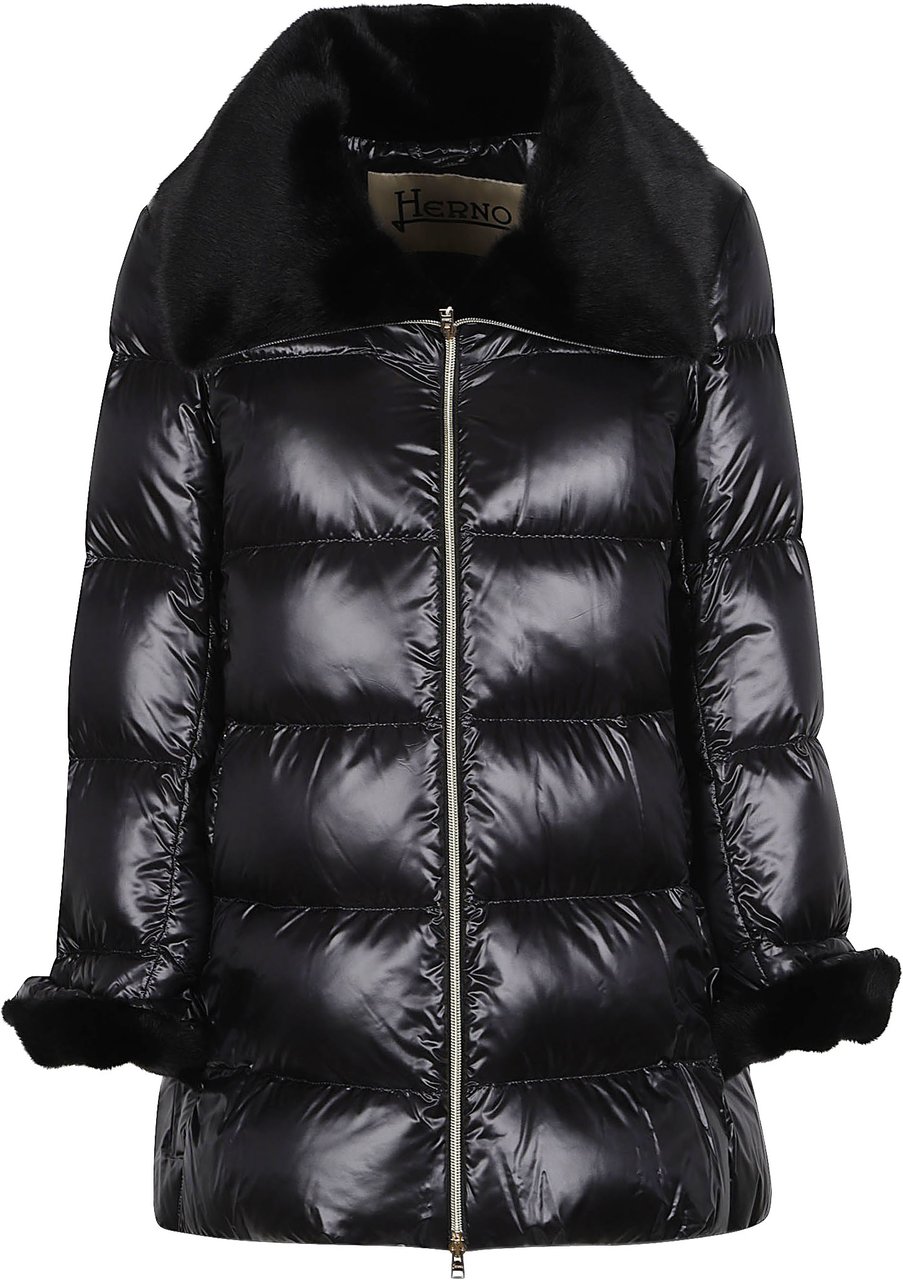 Herno A-shape Nylon Ultralight Faux Fur Down Jacket Black Zwart