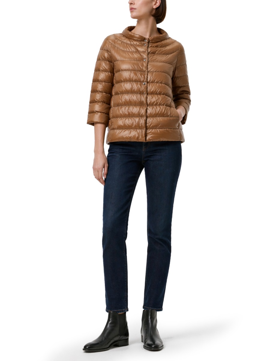 Herno Neutrals Shiny Quilted Three-Quarter Down Jacket Bruin