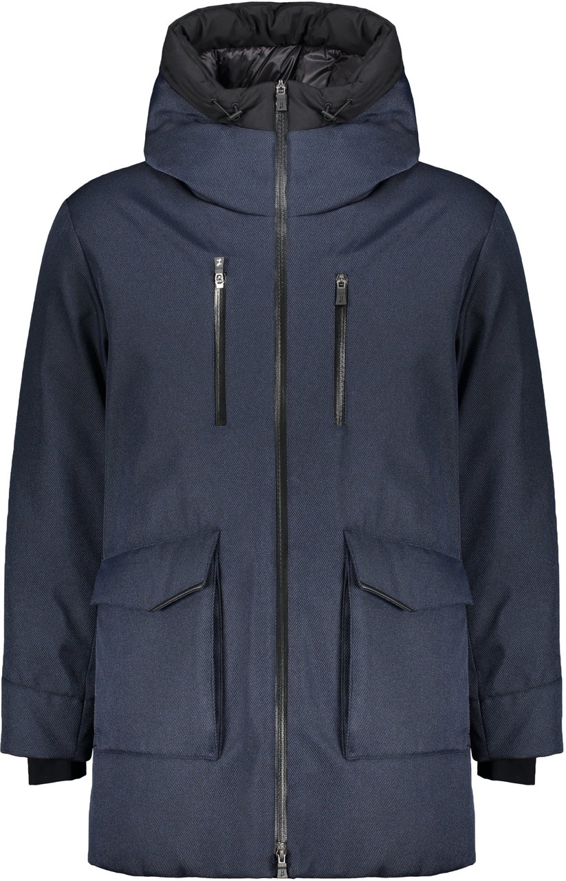 Herno Long dark blue jacket with hood Blauw