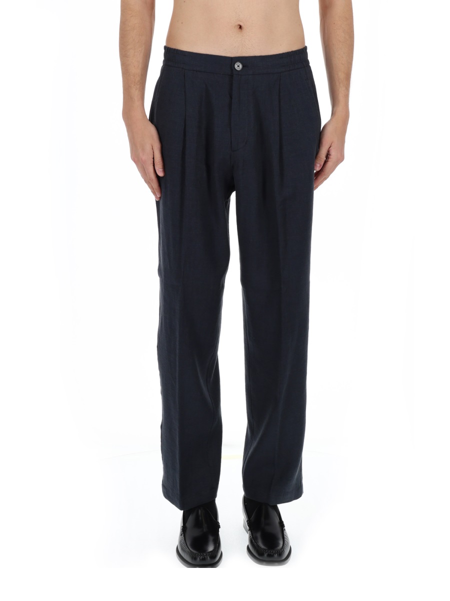 Herno Black Tapered Front Pleats Linen-Blend Formal Pants Zwart