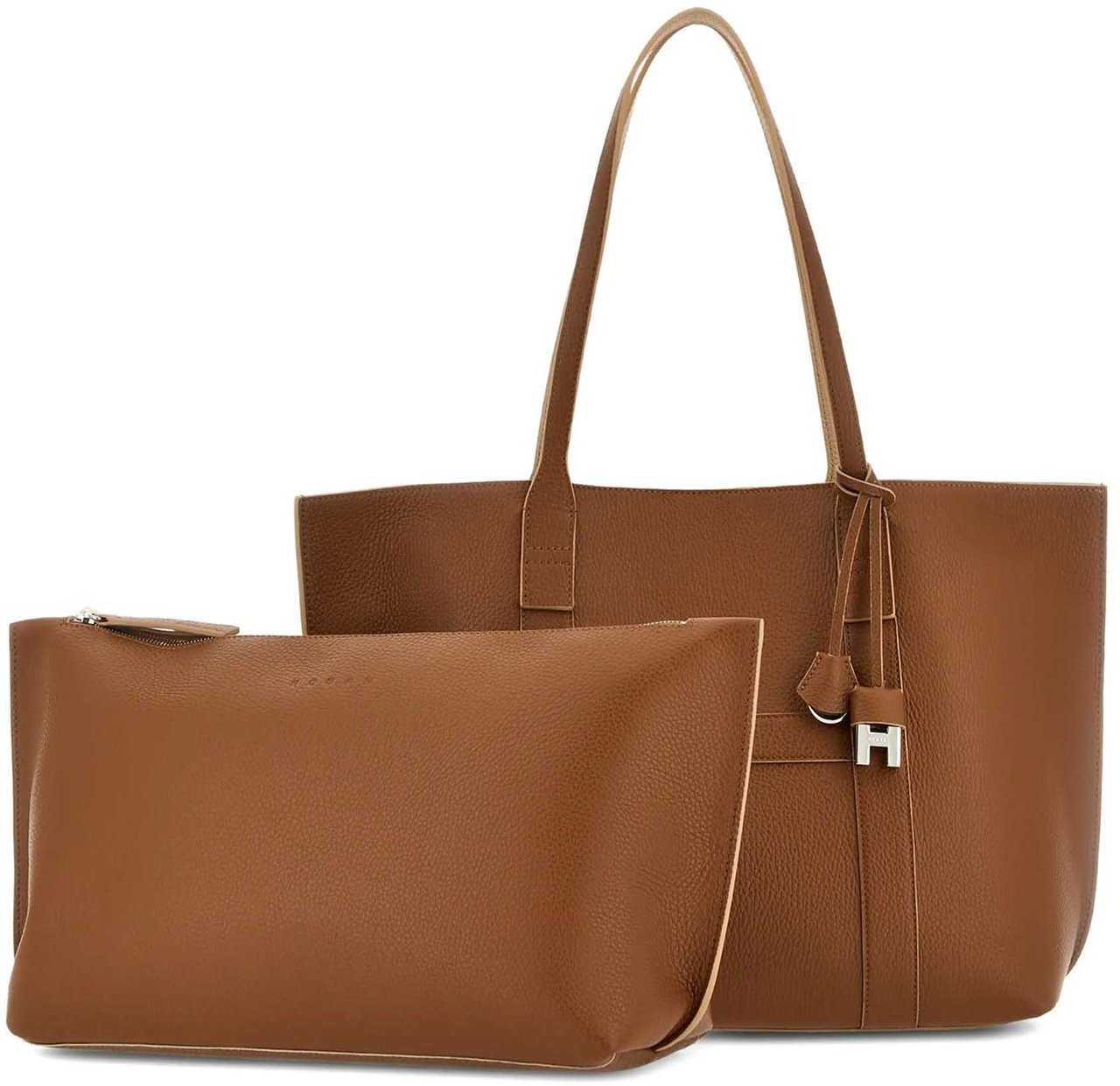 HOGAN White Spacious Textured Leather Charm Tote Bruin