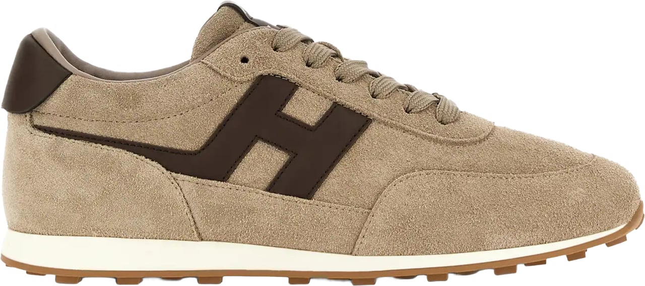 HOGAN Beige Suede Low-Top Sneakers with Contrasting Dark Brown Logo Bruin
