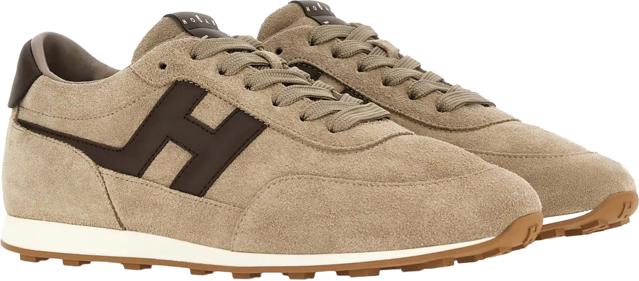 HOGAN Beige Suede Low-Top Sneakers with Contrasting Dark Brown Logo Bruin