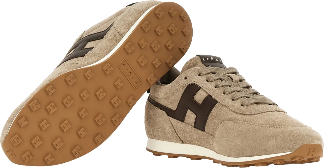 HOGAN Beige Suede Low-Top Sneakers with Contrasting Dark Brown Logo Bruin