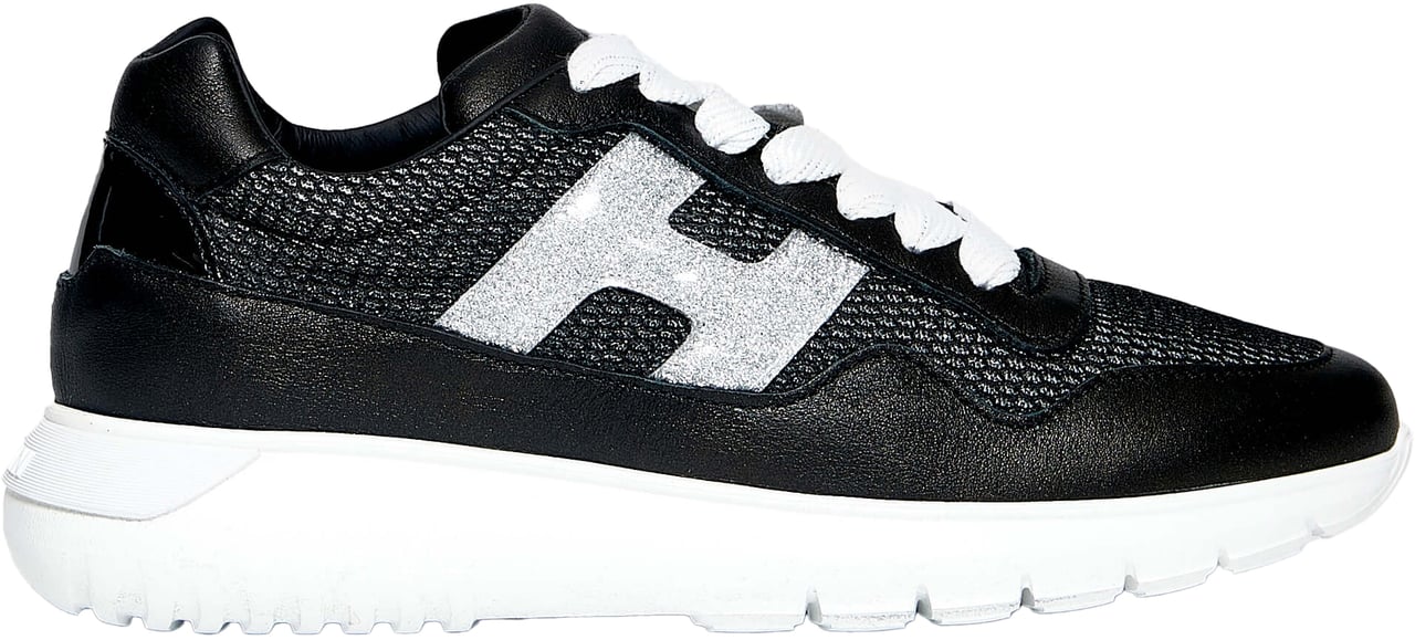 HOGAN Sneaker H371 in pelle perlata nera e tessuto nero glitter argento Zwart