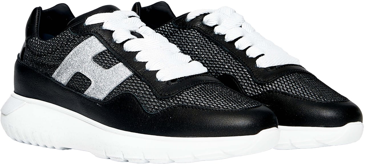 HOGAN Sneaker H371 in pelle perlata nera e tessuto nero glitter argento Zwart
