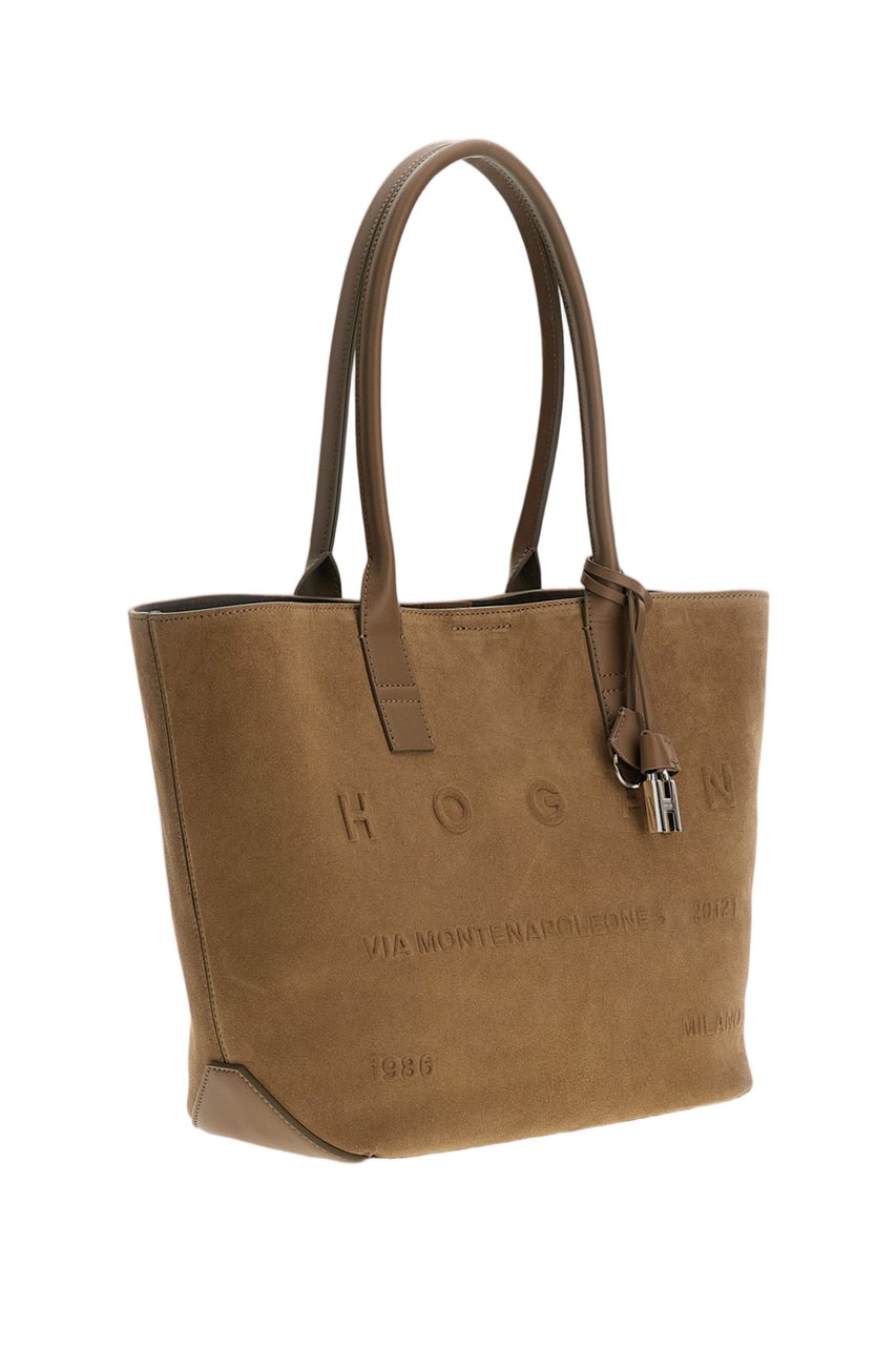 HOGAN Embossed Suede Leather Small Shopping Bag with Internal Pouch Bruin