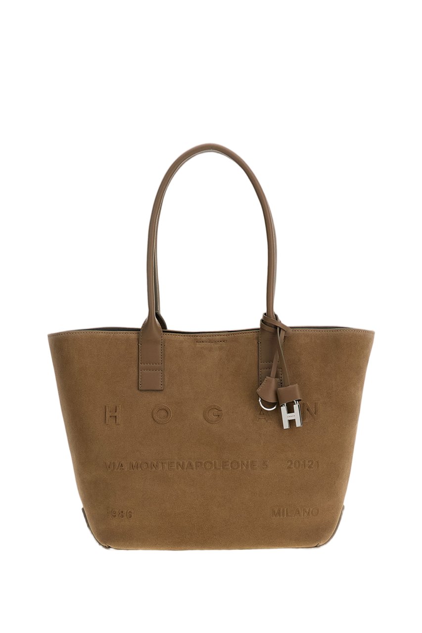 HOGAN Embossed Suede Leather Small Shopping Bag with Internal Pouch Bruin