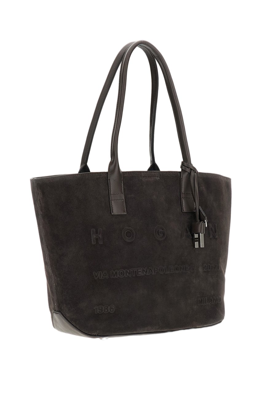 HOGAN Small Suede Leather Tote Bag with Embossed Address Logo Bruin