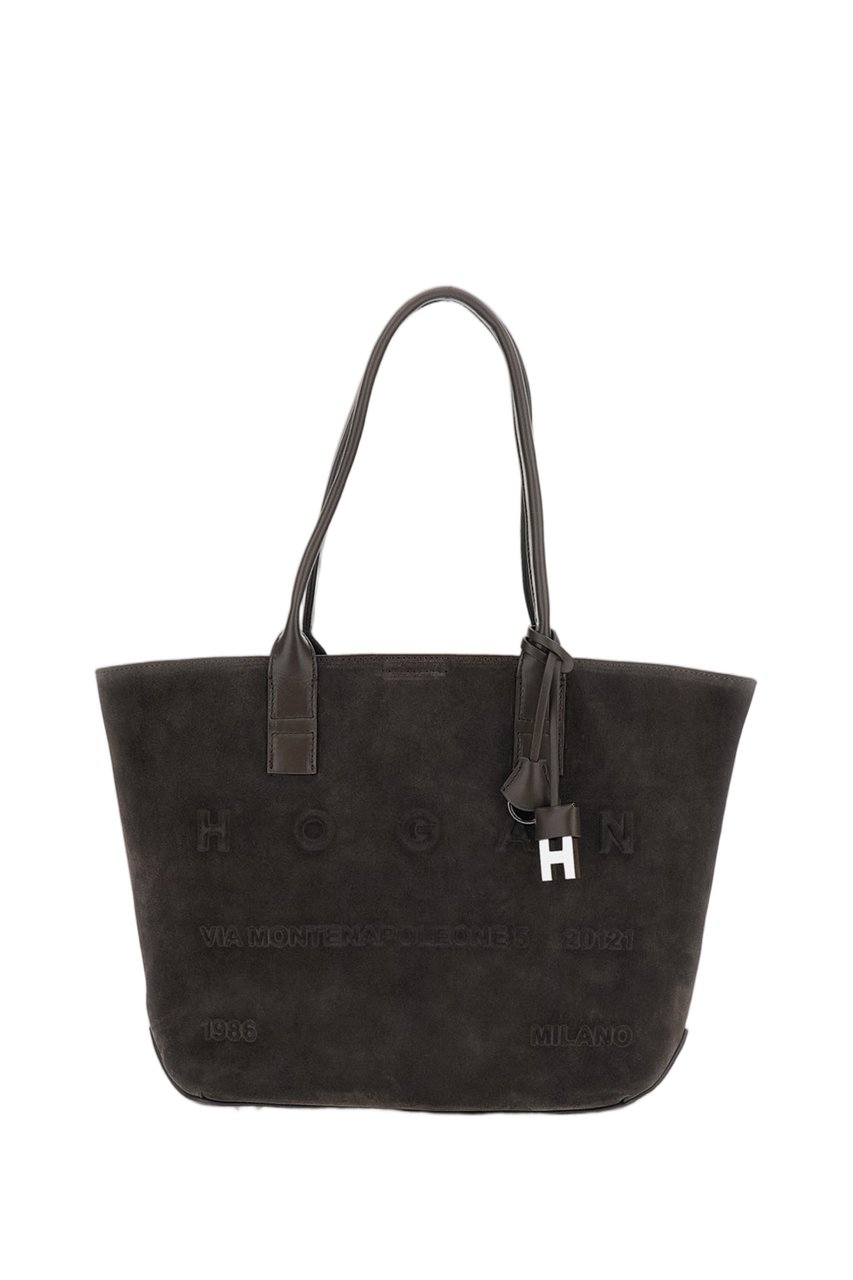 HOGAN Small Suede Leather Tote Bag with Embossed Address Logo Bruin