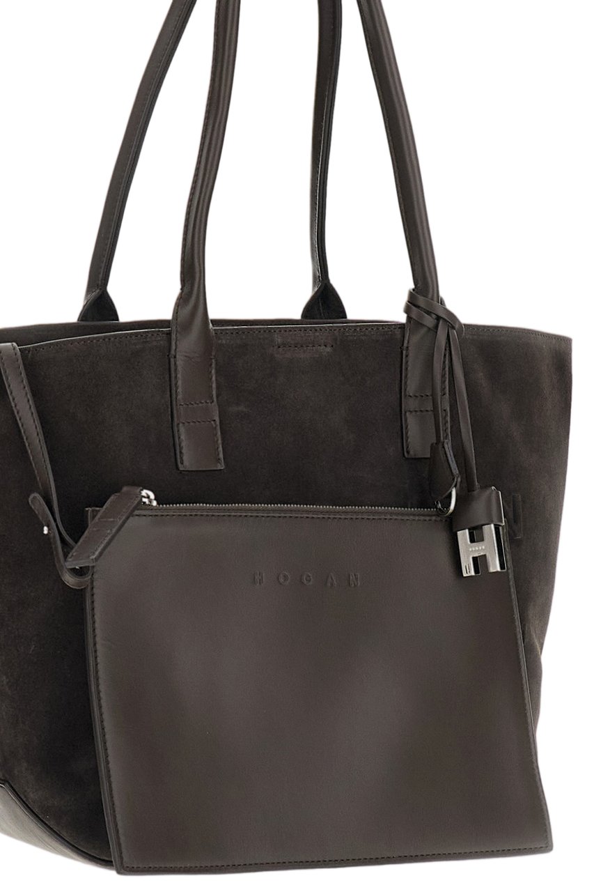 HOGAN Small Suede Leather Tote Bag with Embossed Address Logo Bruin