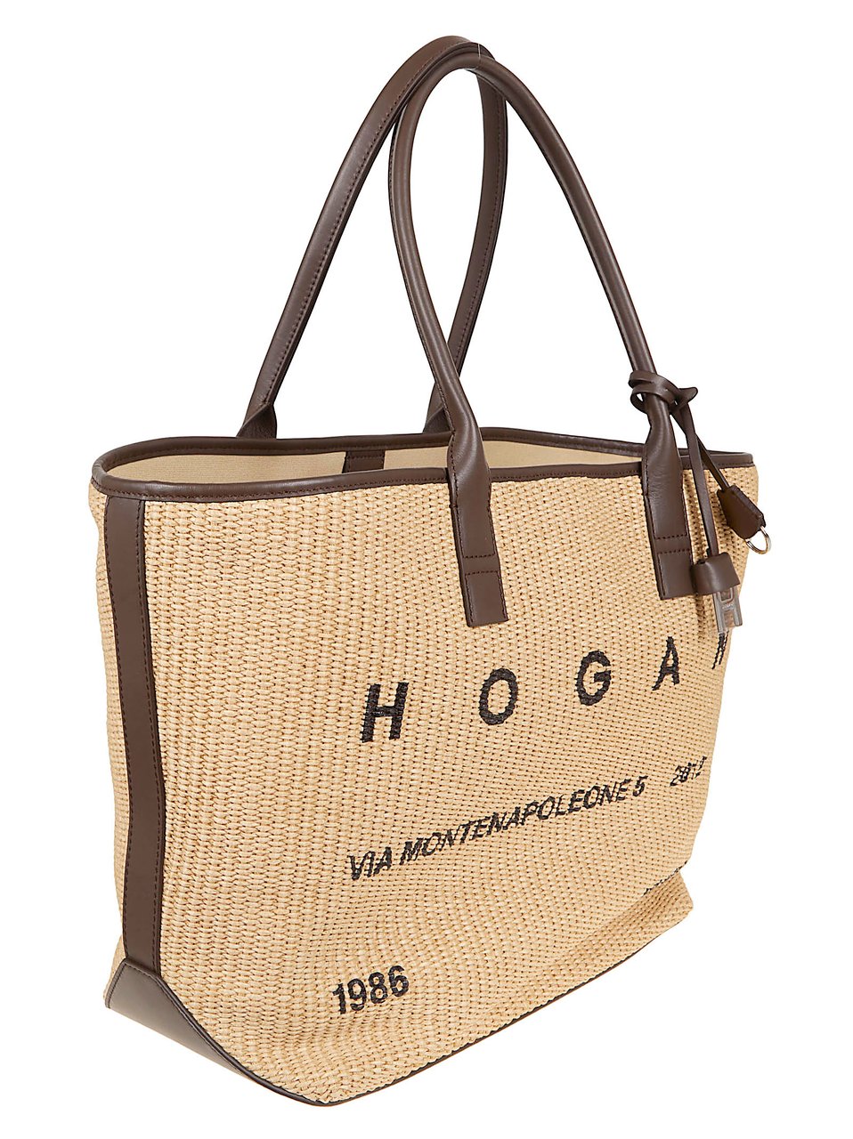 HOGAN Medium Raffia Tote Bag with Leather Trim Neutraal
