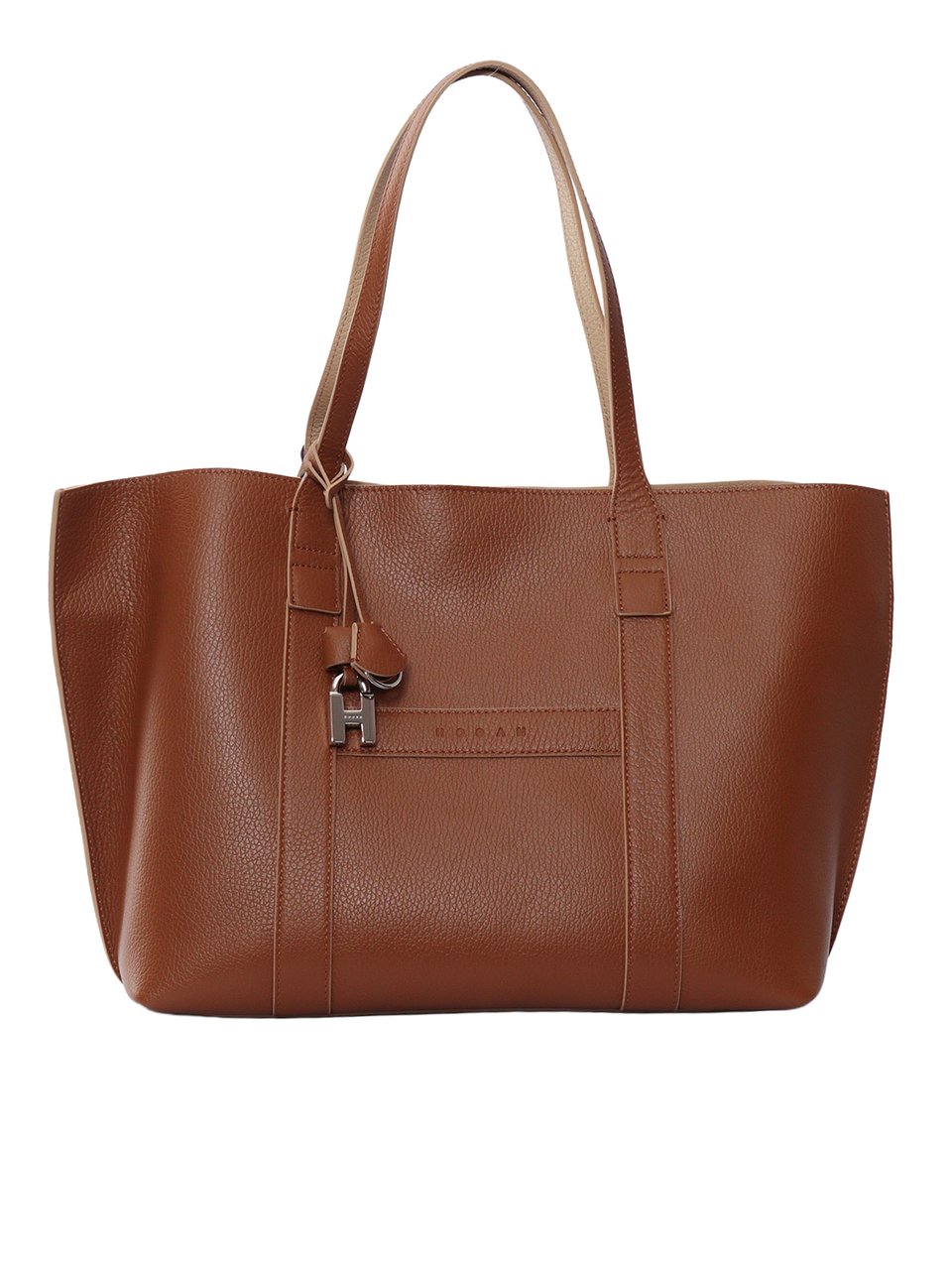 HOGAN Script Shopping Textured Calfskin Tote Bag Bruin