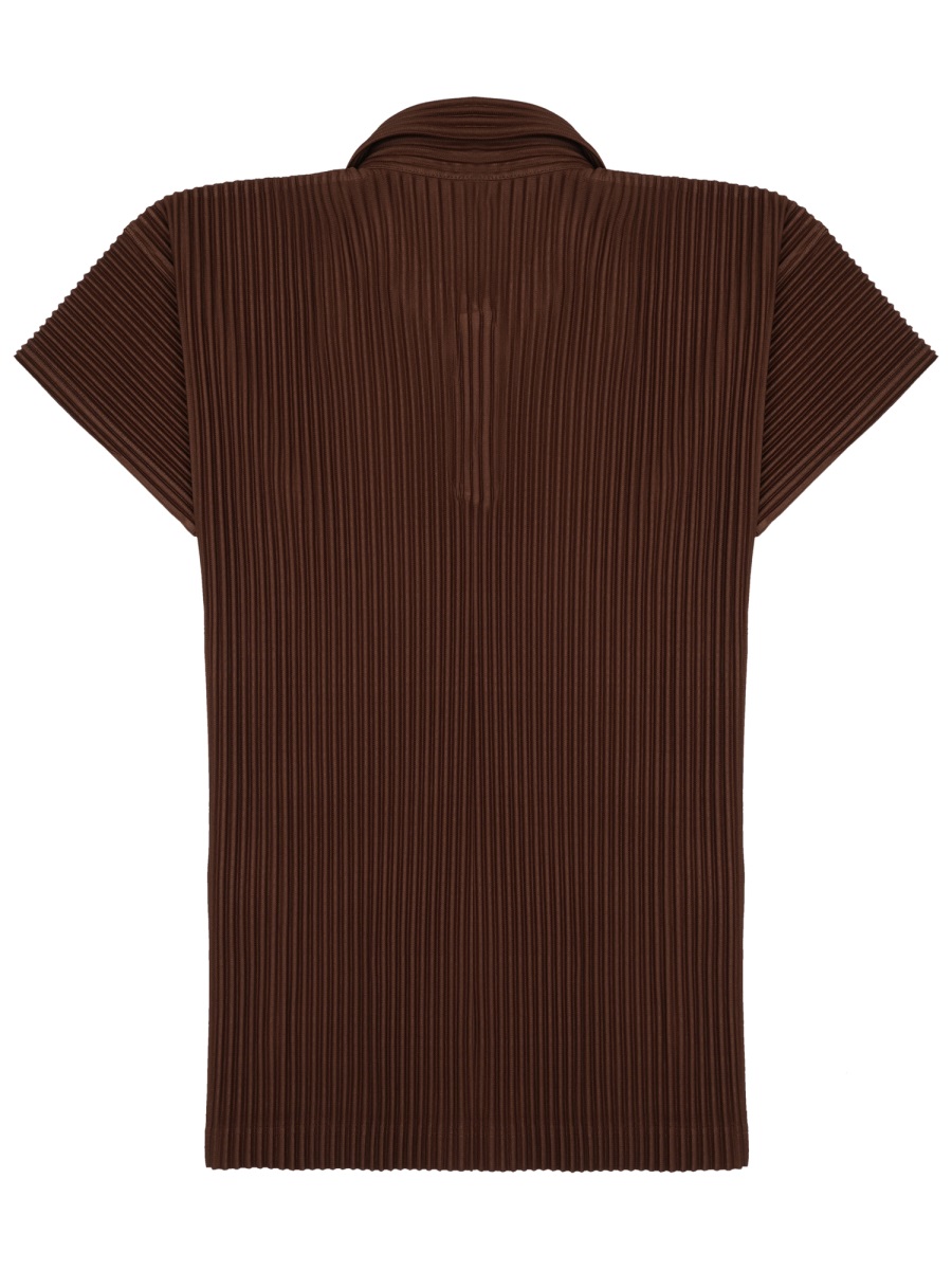 HOMME PLISSÉ ISSEY MIYAKE Short-Sleeved Pleated Brown Polo Shirt with Classic Collar Zwart