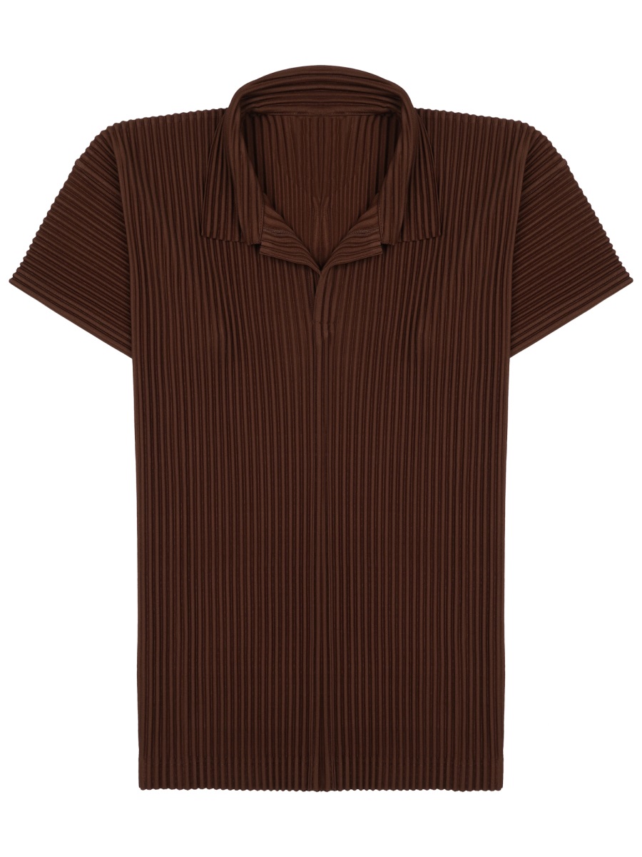 HOMME PLISSÉ ISSEY MIYAKE Short-Sleeved Pleated Brown Polo Shirt with Classic Collar Zwart