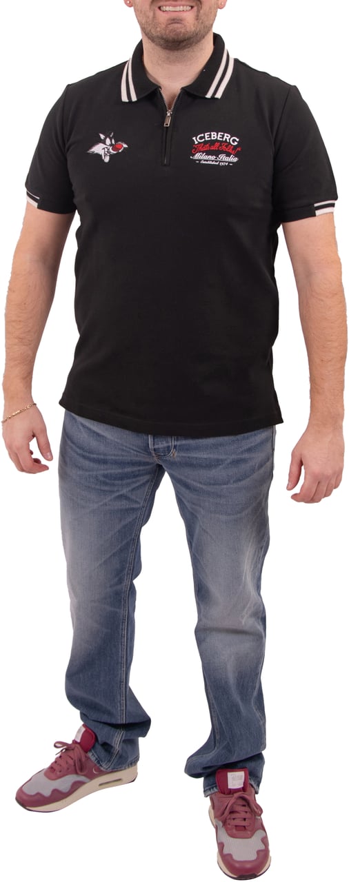 Iceberg Regular fit black short-sleeved polo shirt in cotton piquet with Looney Tunes Zwart