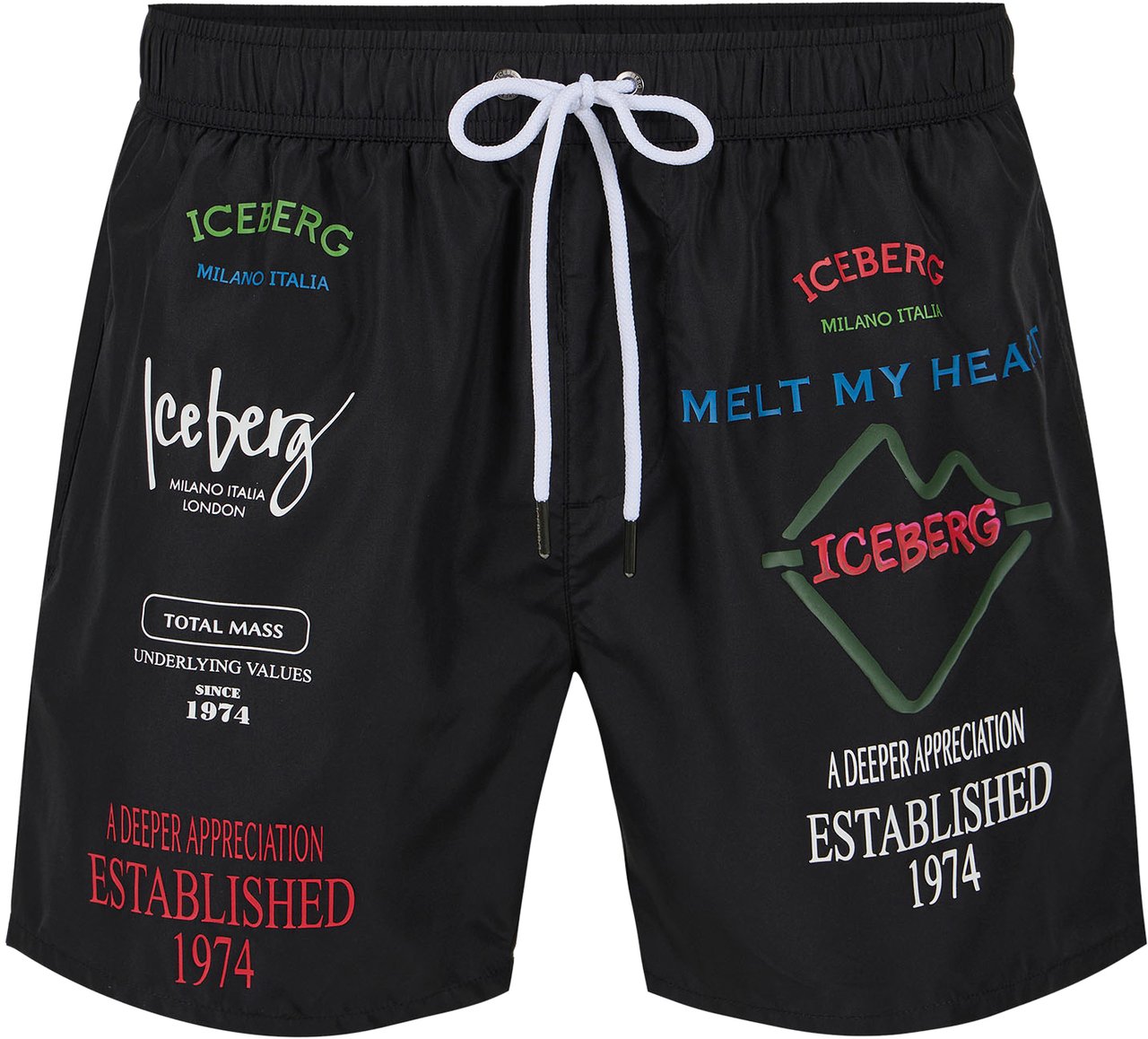 Iceberg Black swim trunks with contrasting prints, writing and drawstring Zwart