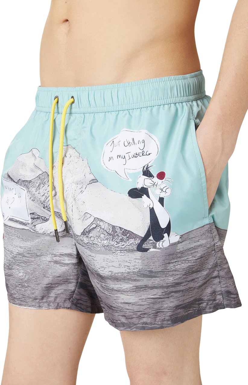 Iceberg Patterned swim trunks with sage green Background and yellow drawstring Groen