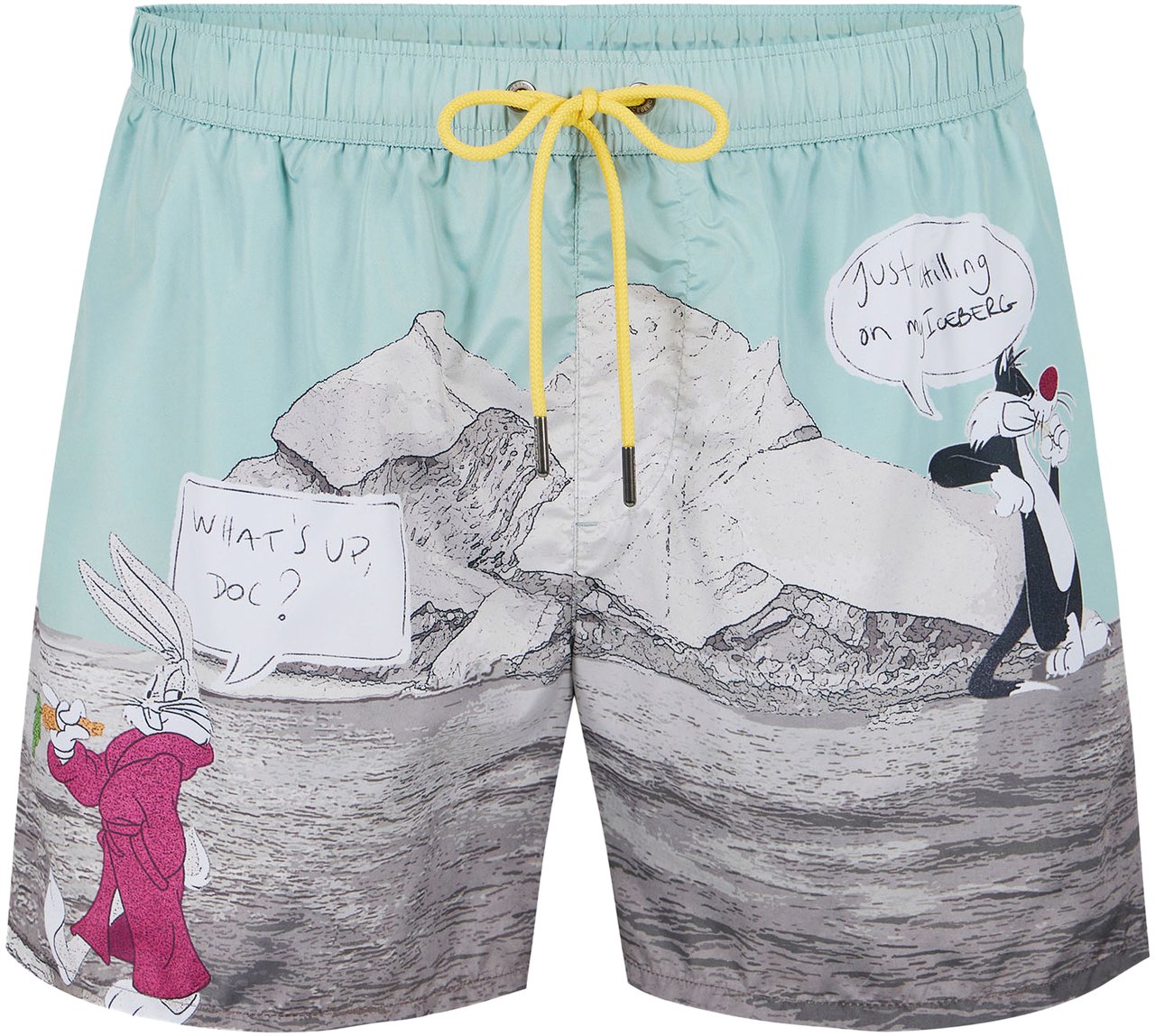 Iceberg Patterned swim trunks with sage green Background and yellow drawstring Groen