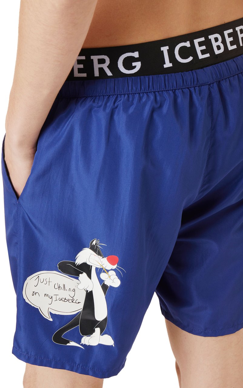 Iceberg Navy blue swim trunks with contrasting elastic band, Iceberg logo and Looney Tunes print Blauw
