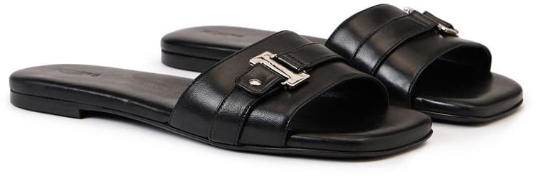 Iceberg Black leather flat sandals with front strap and monogram details Zwart