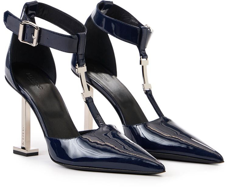 Iceberg Blue patent leather pointed toe pumps with custom heel Blauw