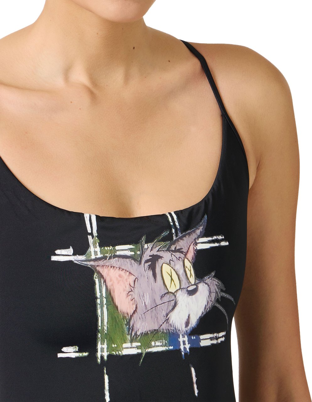 Iceberg Black one-piece with Tom print on the chest and side ties Zwart