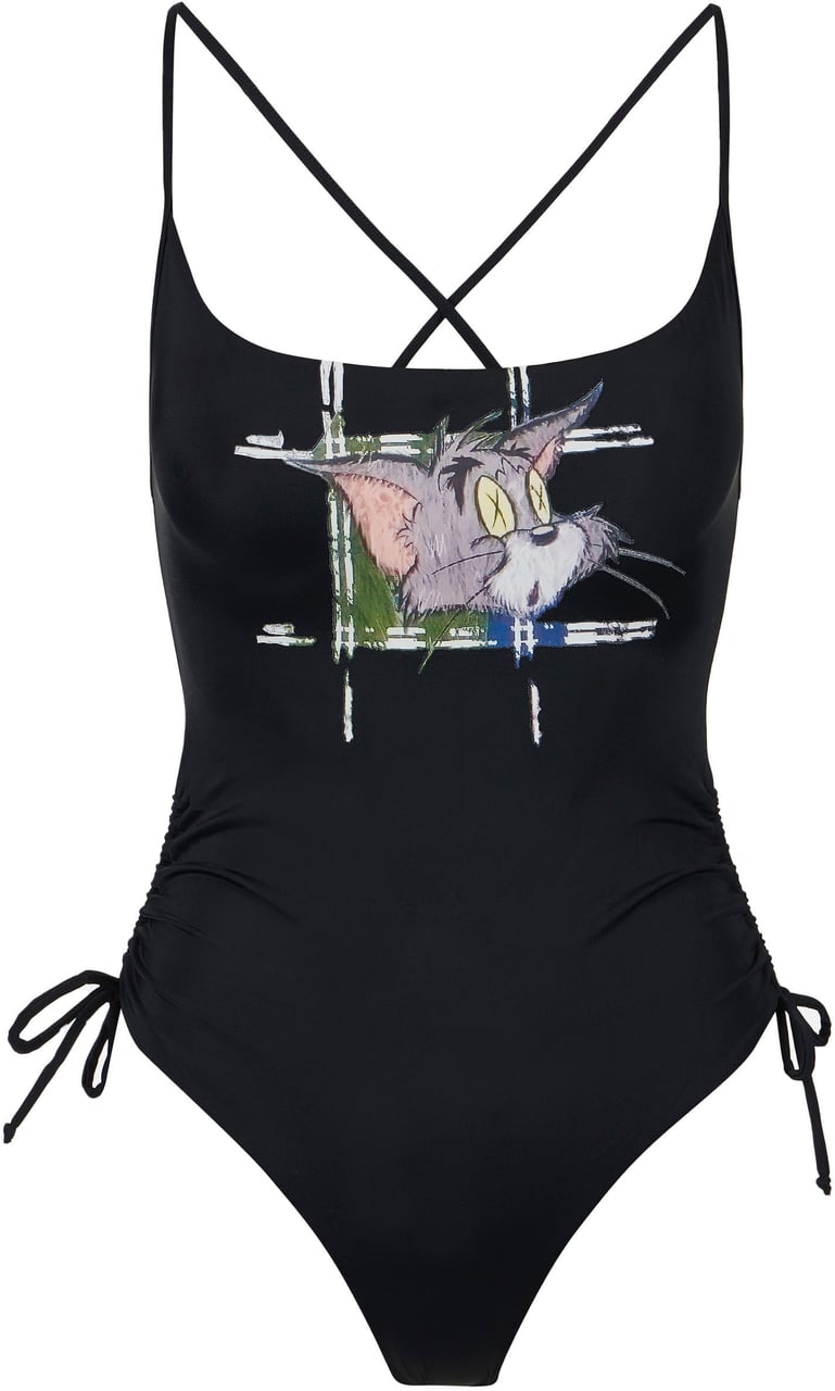 Iceberg Black one-piece with Tom print on the chest and side ties Zwart