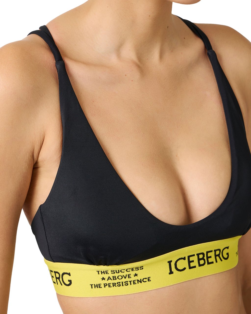 Iceberg Black swimsuit top with yellow elastic band and contrasting Iceberg logo, double crossed straps on t Zwart
