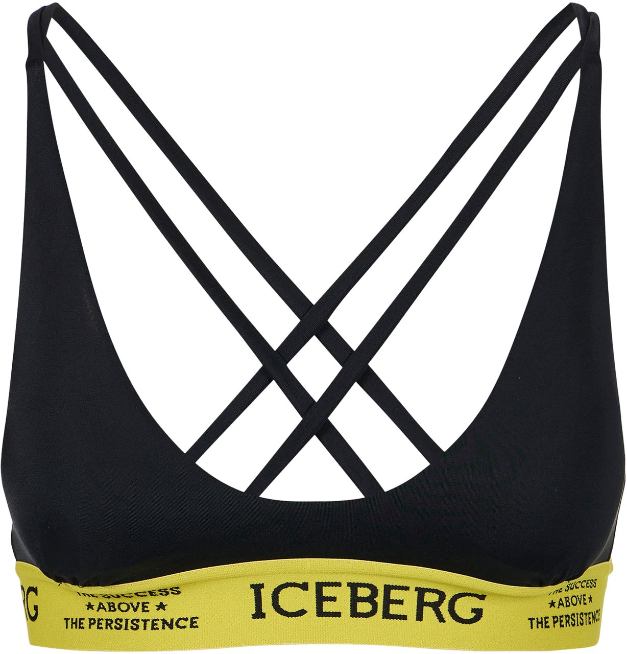 Iceberg Black swimsuit top with yellow elastic band and contrasting Iceberg logo, double crossed straps on t Zwart
