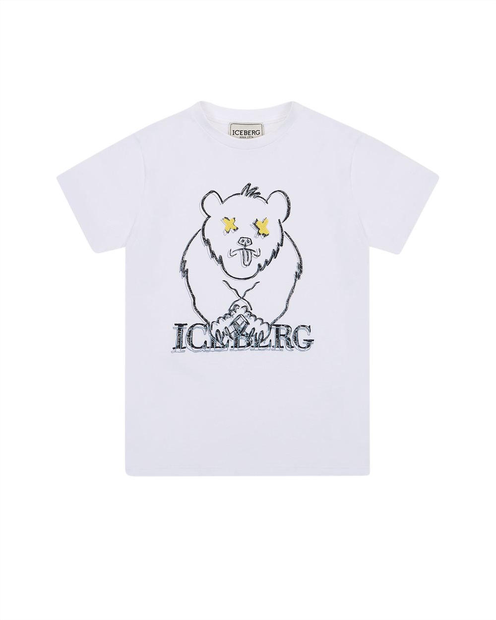 Iceberg KIDS - White cotton crew neck T-shirt with Bear and Iceberg logo Wit