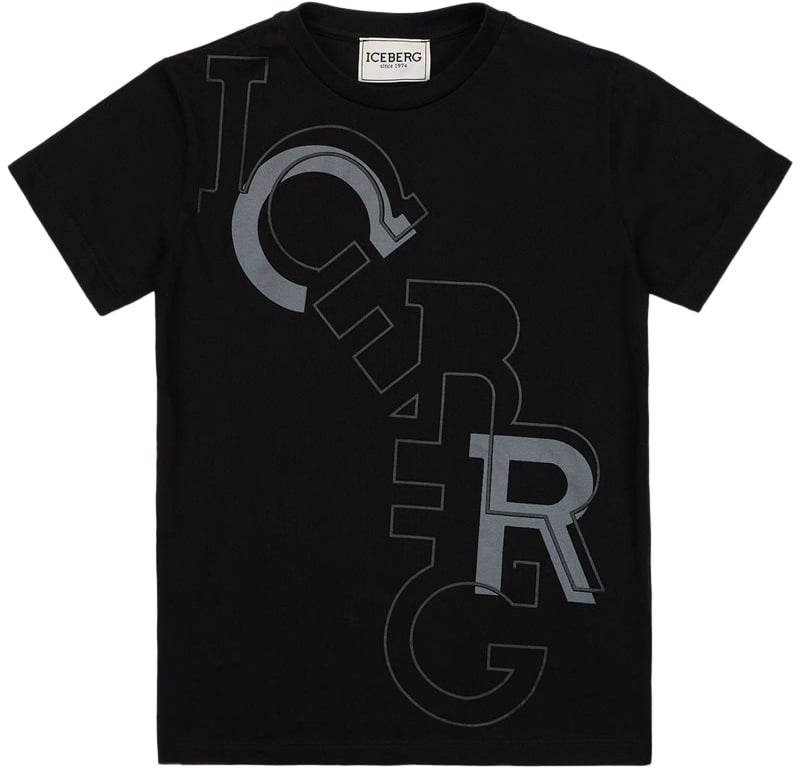 Iceberg KIDS - Black Cotton Crewneck T-Shirt with Lettering Print on the Bust Zwart
