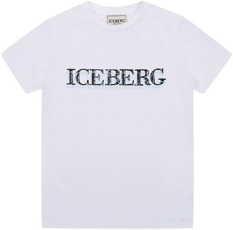 Iceberg KIDS - White crew neck cotton T-shirt with Iceberg logo on the front in contrast Wit