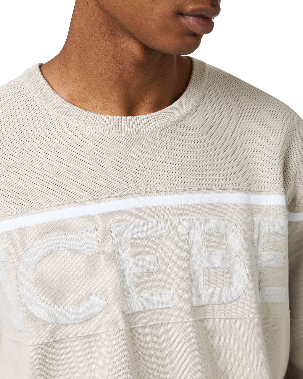 Iceberg Ice colored rewneck sweater in Mak� cotton with two-tone jacquard work Wit