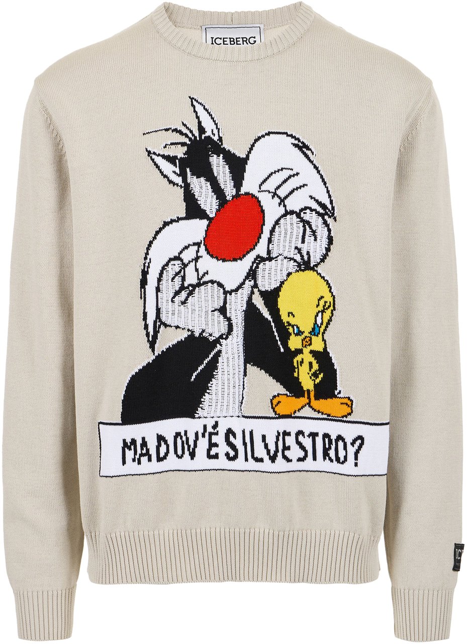 Iceberg Cotton crewneck ice colored sweater with cartoon and jacquard inlays Wit