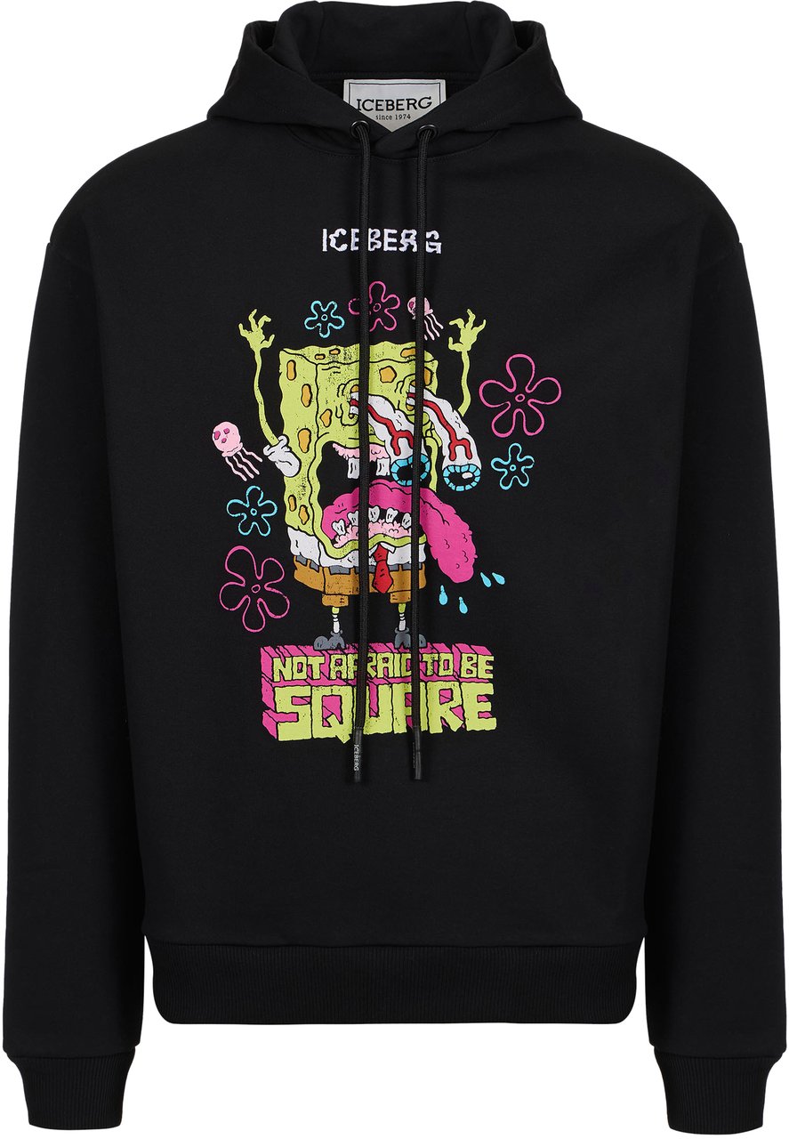 Iceberg Regular black fit hoodie with SpongeBob print and logo embroidery Zwart