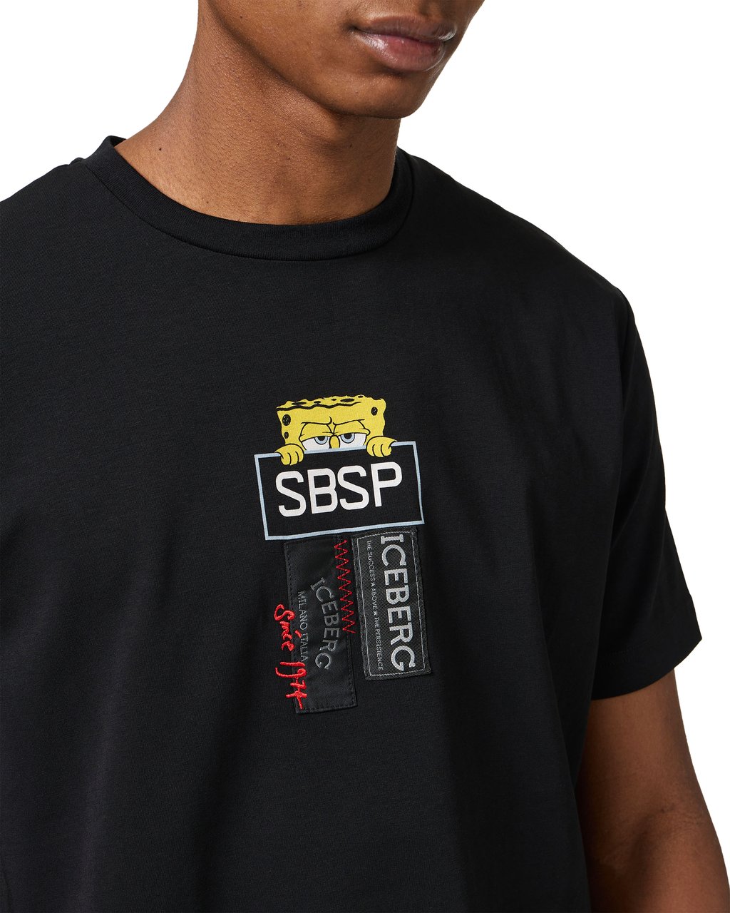 Iceberg Black sustainable stretch cotton T-shirt with Spongebob print Zwart