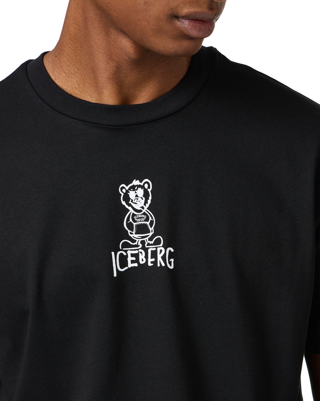 Iceberg Black slim fit cotton T-shirt with Bear print and Iceberg logo Zwart