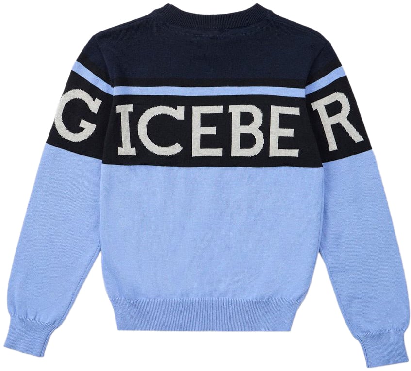 Iceberg KIDS - Blue and light blue crewneck sweater with Iceberg logo stripe Blauw