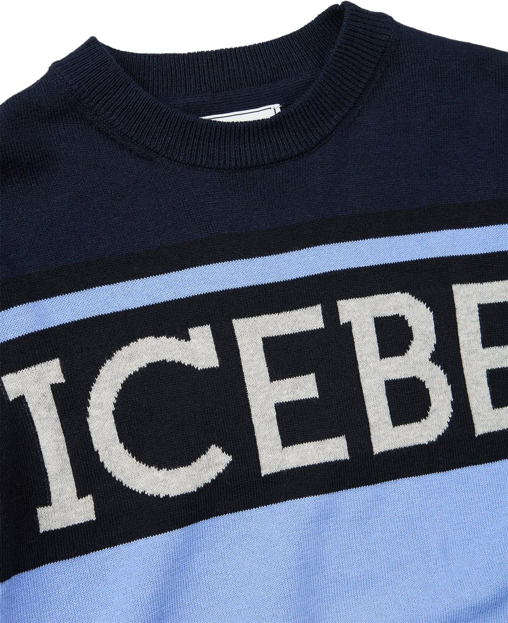 Iceberg KIDS - Blue and light blue crewneck sweater with Iceberg logo stripe Blauw
