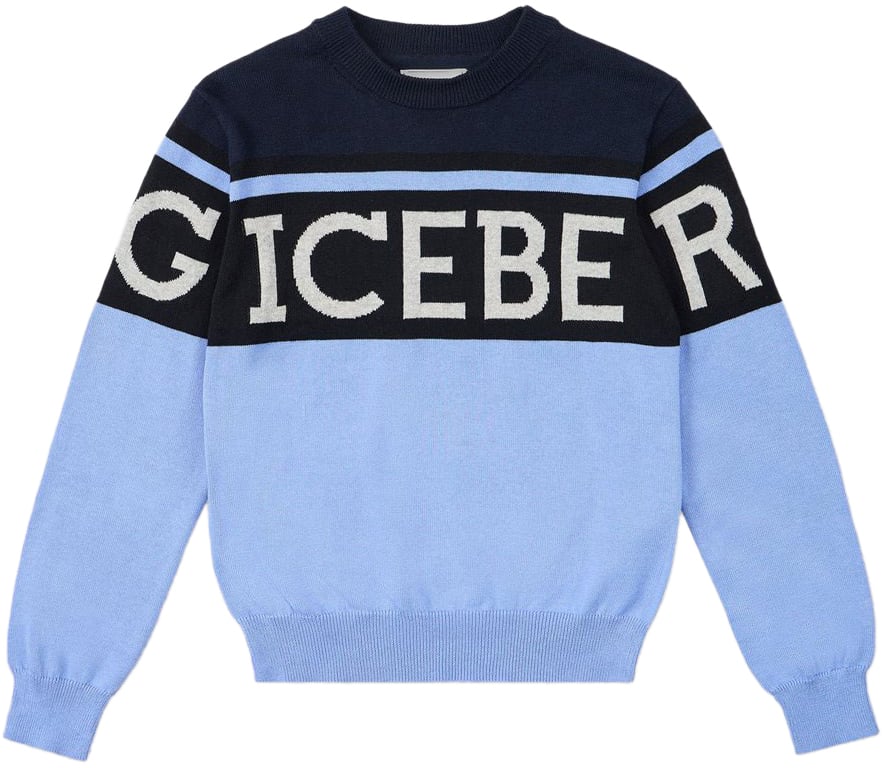 Iceberg KIDS - Blue and light blue crewneck sweater with Iceberg logo stripe Blauw