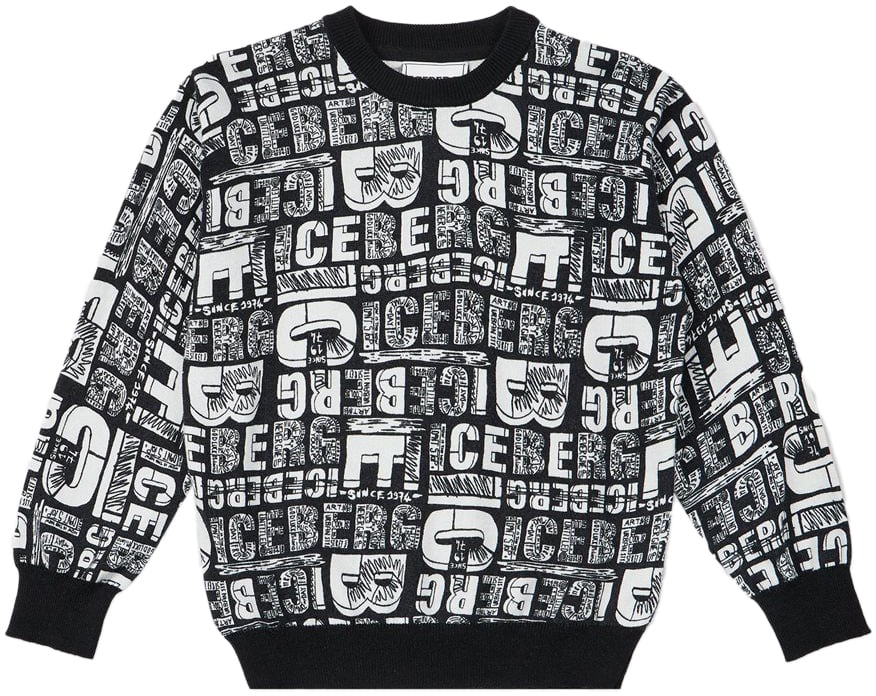 Iceberg KIDS - Black crewneck sweater with contrasting allover Iceberg logo Zwart