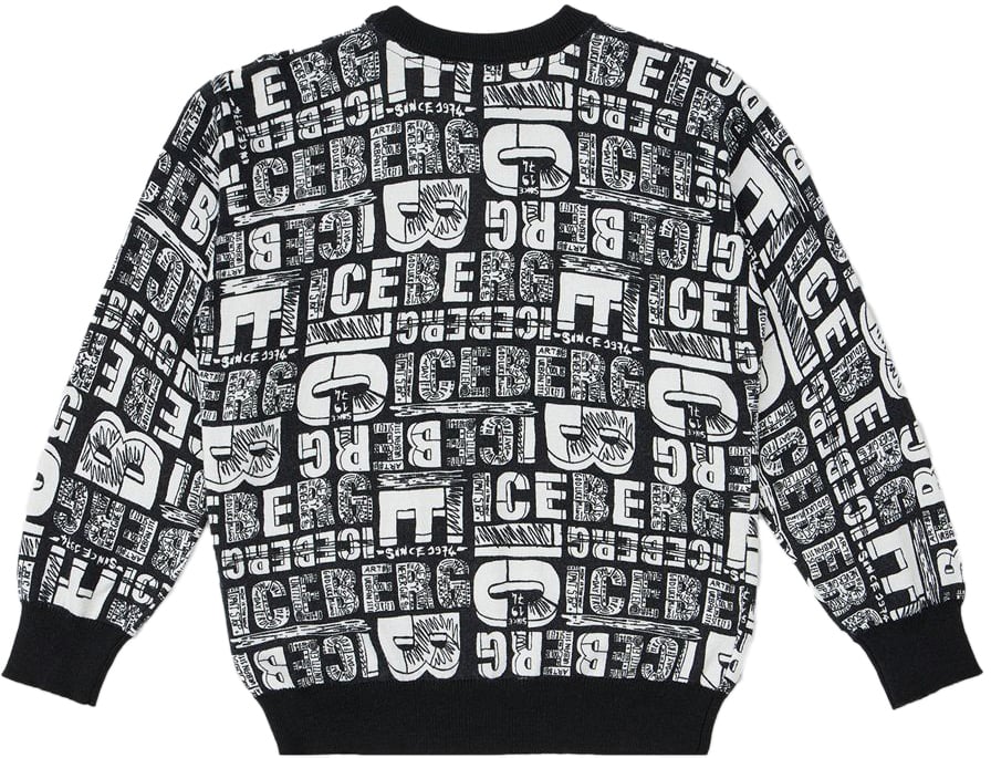 Iceberg KIDS - Black crewneck sweater with contrasting allover Iceberg logo Zwart
