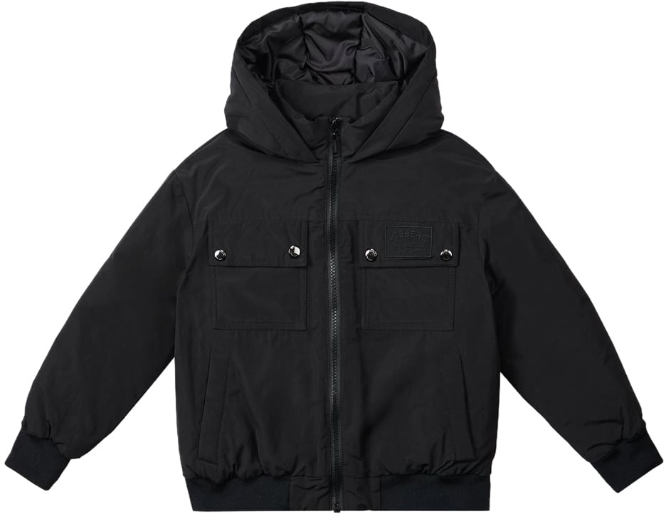 Iceberg KIDS - Black windbreaker with hood and tone-on-tone zip pockets Zwart